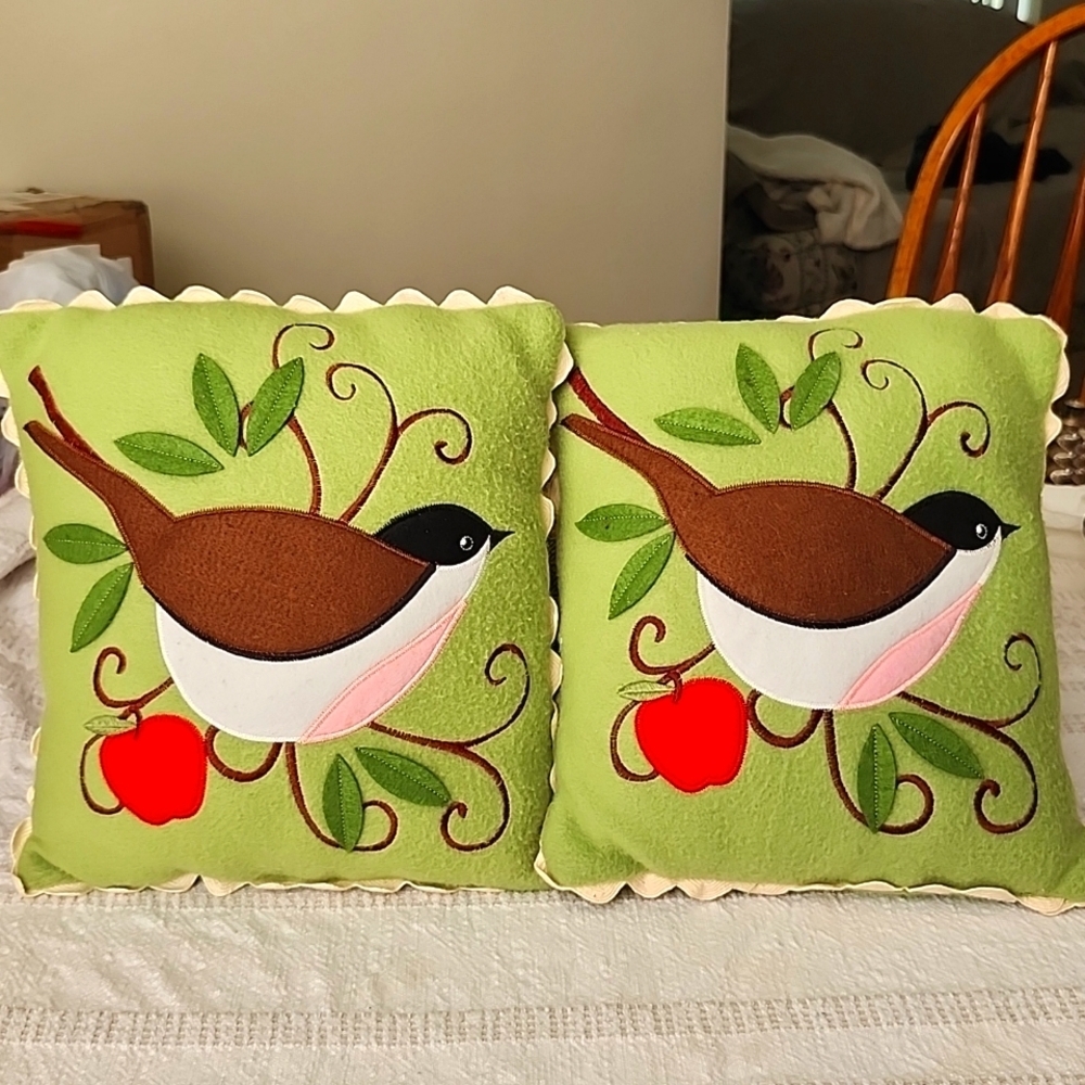 Handmade folk art birds on branch felt embroidered on decorative pillows earthy